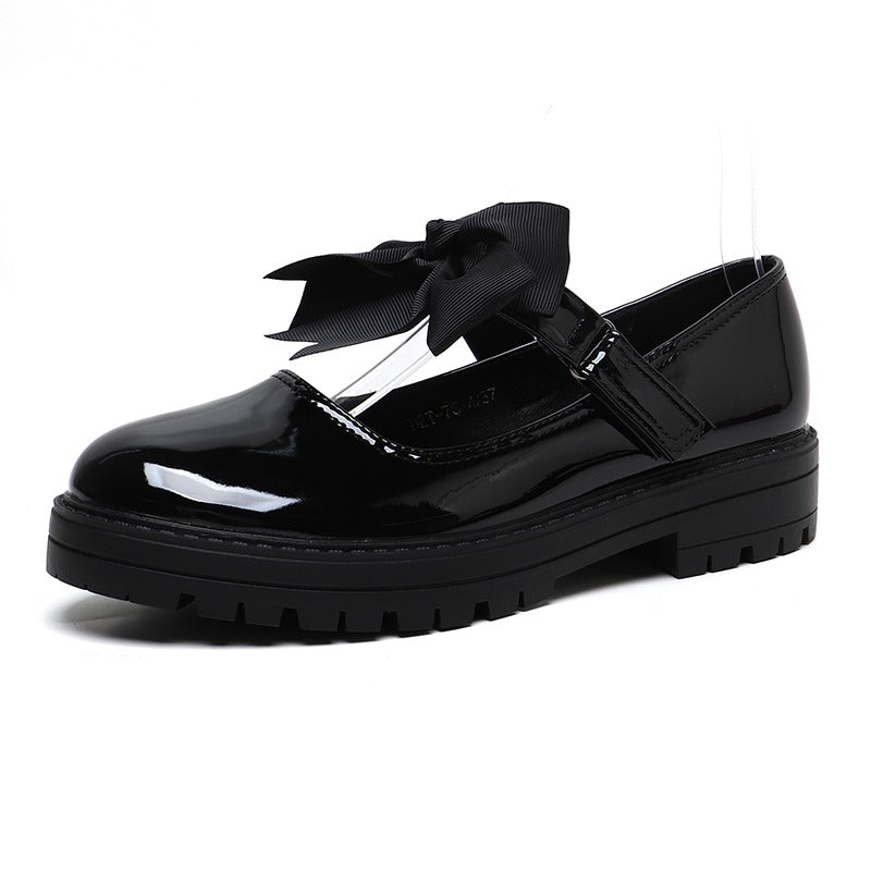 Girls Black Patent Mary Jane School Shoes Toddler & Kids Uniform Flats with Detachable Bow, Comfortable & Anti-Slip Shoes