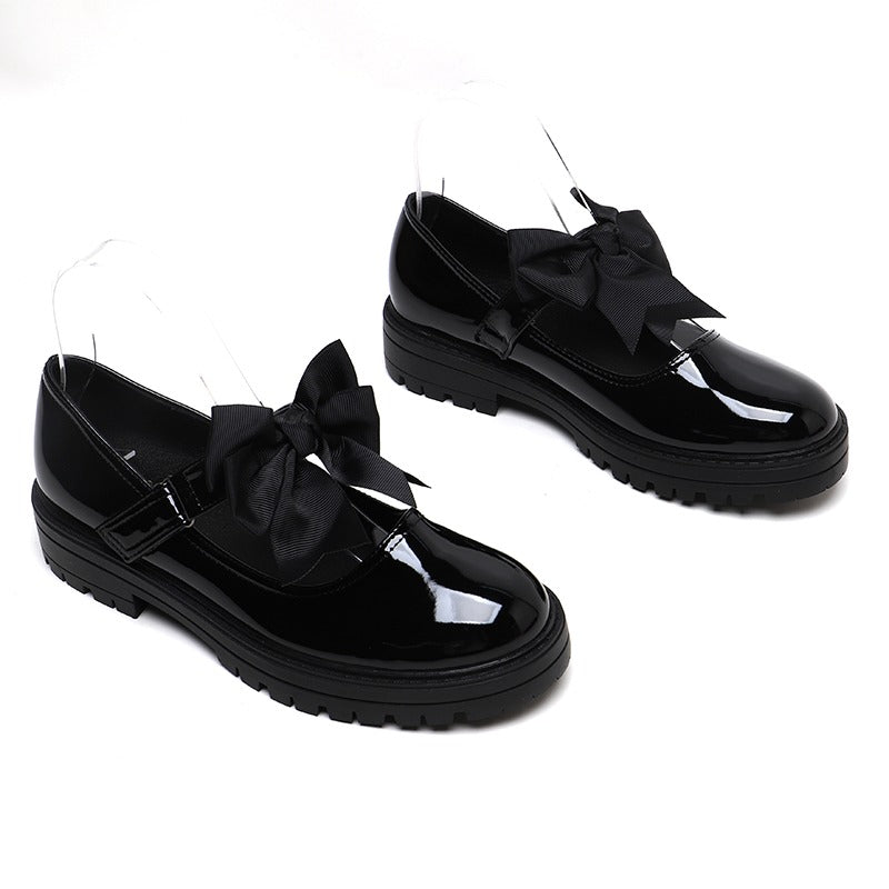 Girls Black Patent Mary Jane School Shoes Toddler & Kids Uniform Flats with Detachable Bow, Comfortable & Anti-Slip Shoes