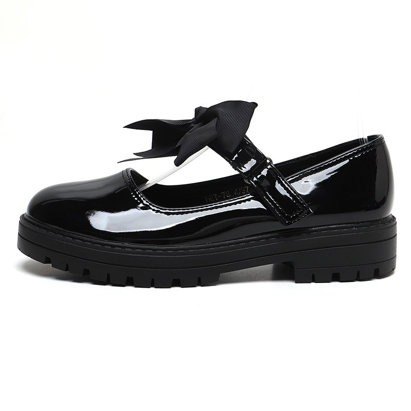 Girls Black Patent Mary Jane School Shoes Toddler & Kids Uniform Flats with Detachable Bow, Comfortable & Anti-Slip Shoes