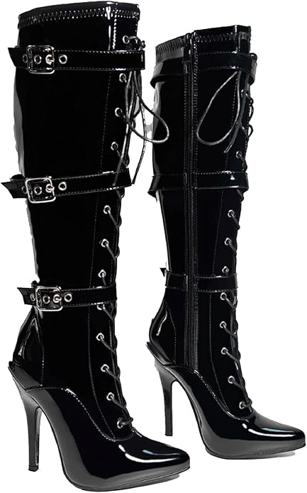 Women's High Heel Knee High Boots Lace Up Stiletto with 3 Buckles & Side Zip Edgy Punk Gothic Style Sexy Footwear UK 3-12