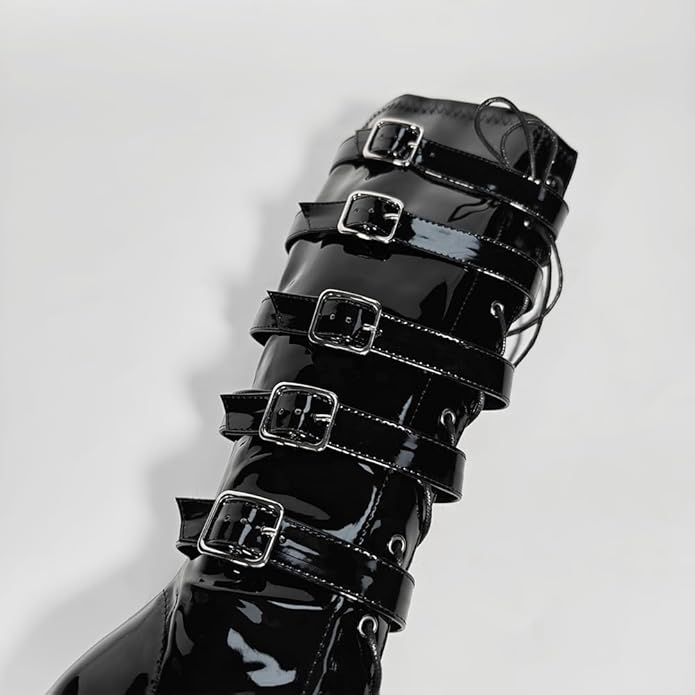 Women's High Heel Knee Lace-Up Boots with 5 Buckles Fetish Style Stiletto Heels Side Zip Gothic Punk Boot Club wear Size 3-12