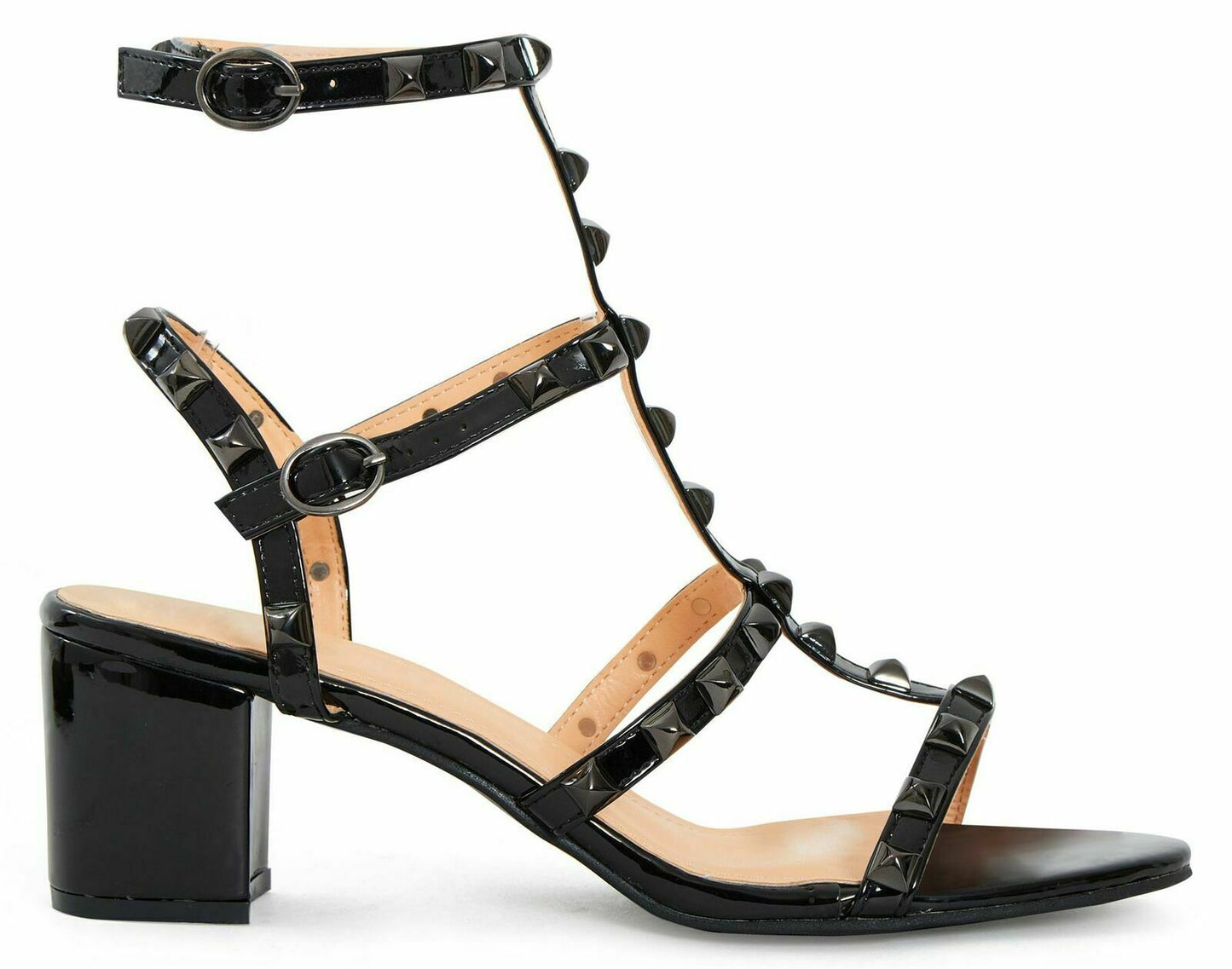 Womens ladies studded ankle strap rivet gladiators block mid heels point sandals