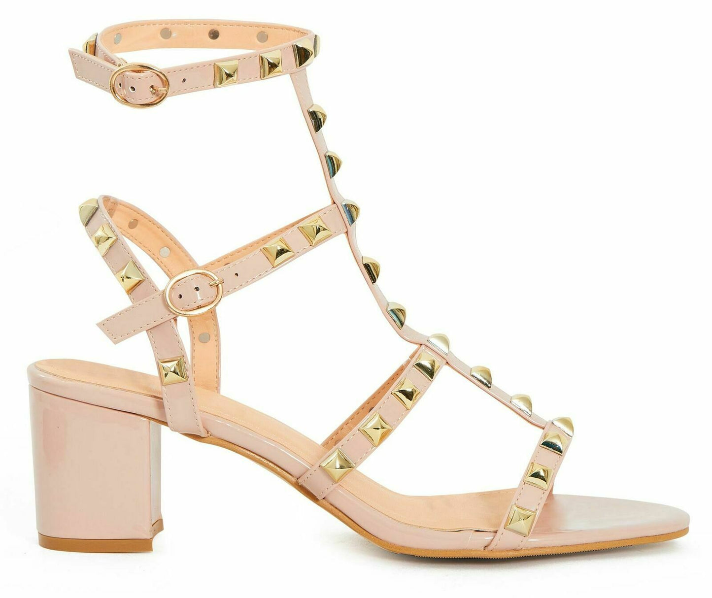 Womens ladies studded ankle strap rivet gladiators block mid heels point sandals
