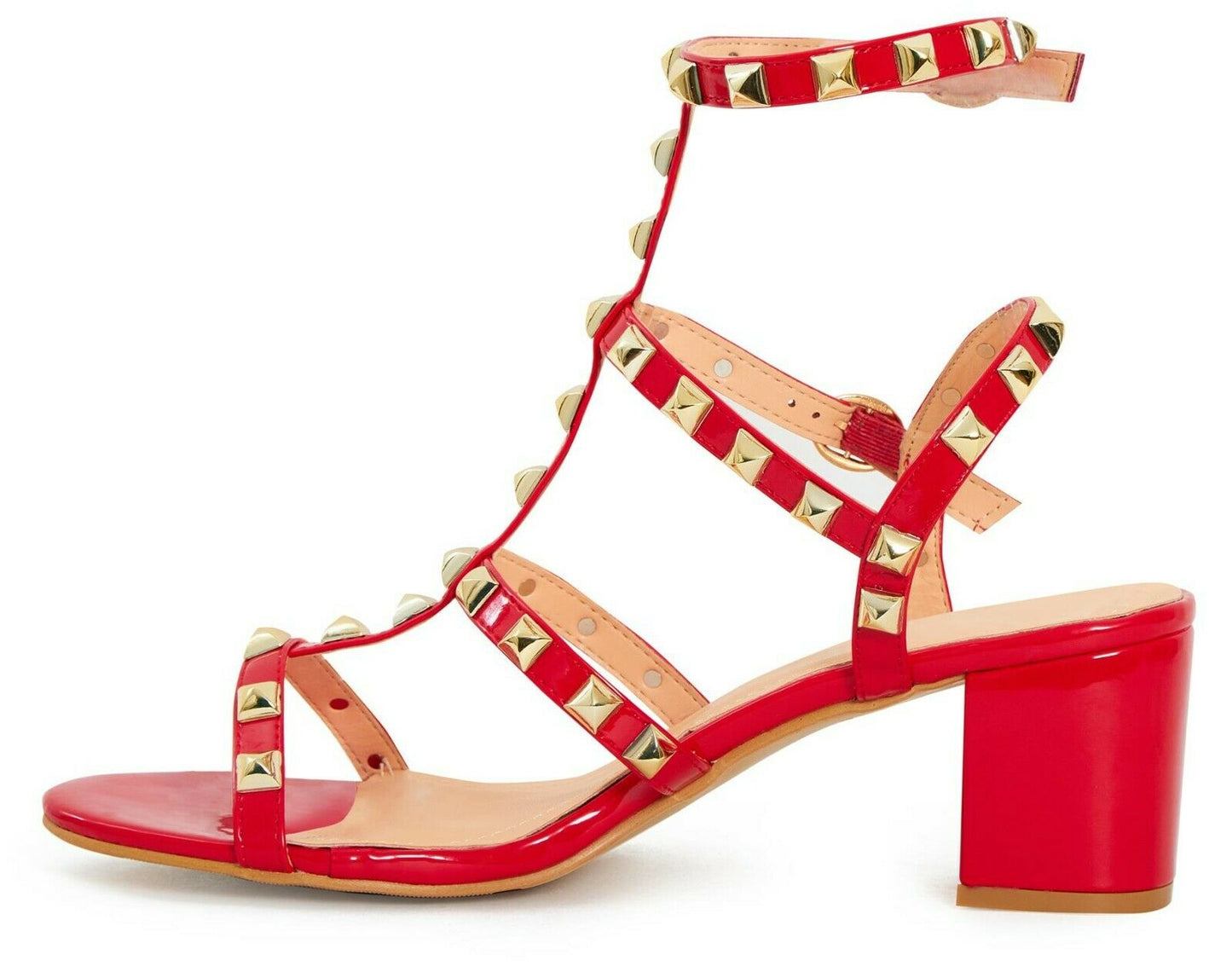 Womens ladies studded ankle strap rivet gladiators block mid heels point sandals