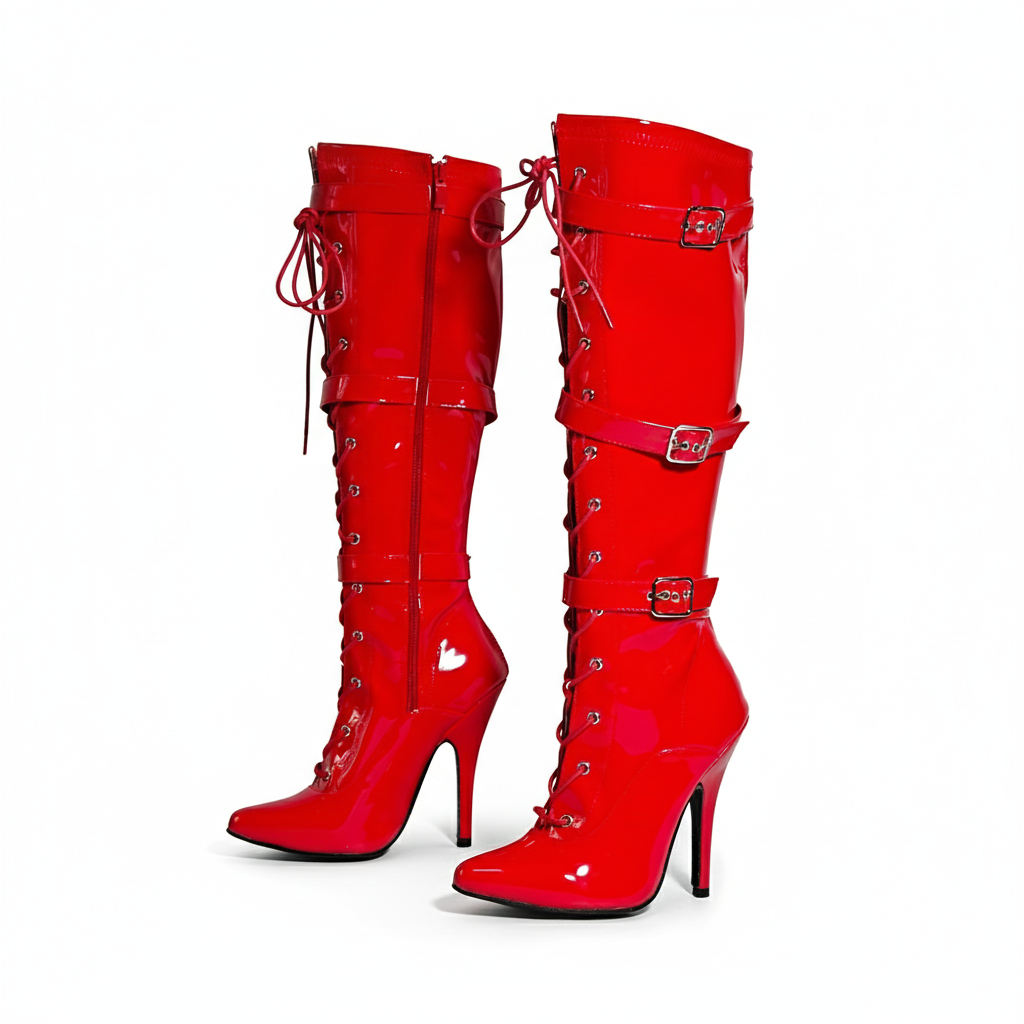 Women's High Heel Knee High Boots Lace Up Stiletto with 3 Buckles & Side Zip Edgy Punk Gothic Style Sexy Footwear UK 3-12