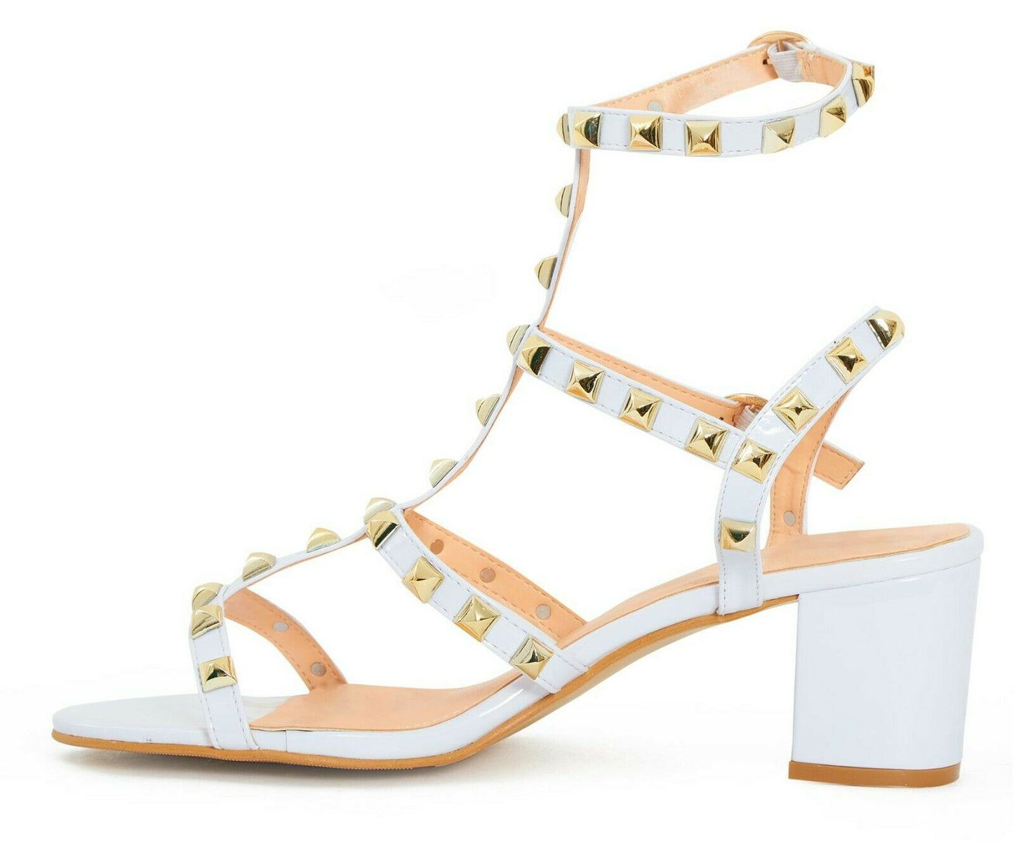 Womens ladies studded ankle strap rivet gladiators block mid heels point sandals
