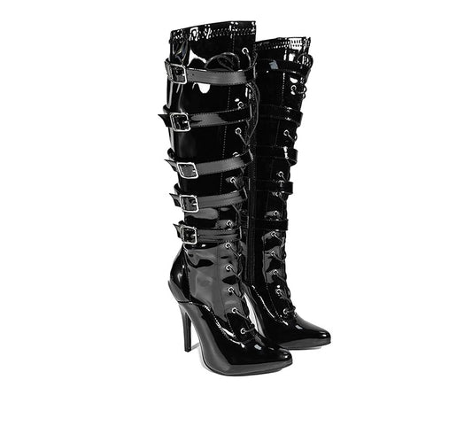 Women's High Heel Knee Lace-Up Boots with 5 Buckles Fetish Style Stiletto Heels Side Zip Gothic Punk Boot Club wear Size 3-12