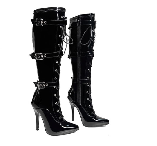 Women's High Heel Knee High Boots Lace Up Stiletto with 3 Buckles & Side Zip Edgy Punk Gothic Style Sexy Footwear UK 3-12