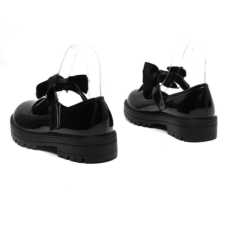 Girls Black Patent Mary Jane School Shoes Toddler & Kids Uniform Flats with Detachable Bow, Comfortable & Anti-Slip Shoes