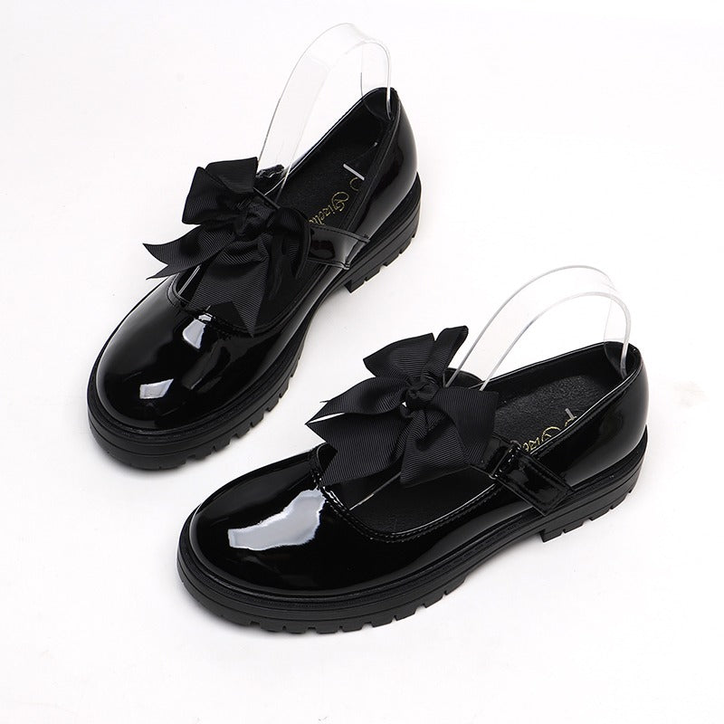 Girls Black Patent Mary Jane School Shoes Toddler & Kids Uniform Flats with Detachable Bow, Comfortable & Anti-Slip Shoes