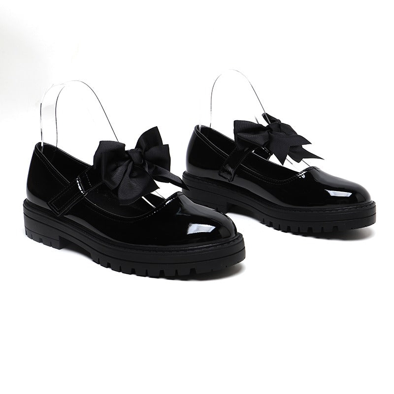 Girls Black Patent Mary Jane School Shoes Toddler & Kids Uniform Flats with Detachable Bow, Comfortable & Anti-Slip Shoes