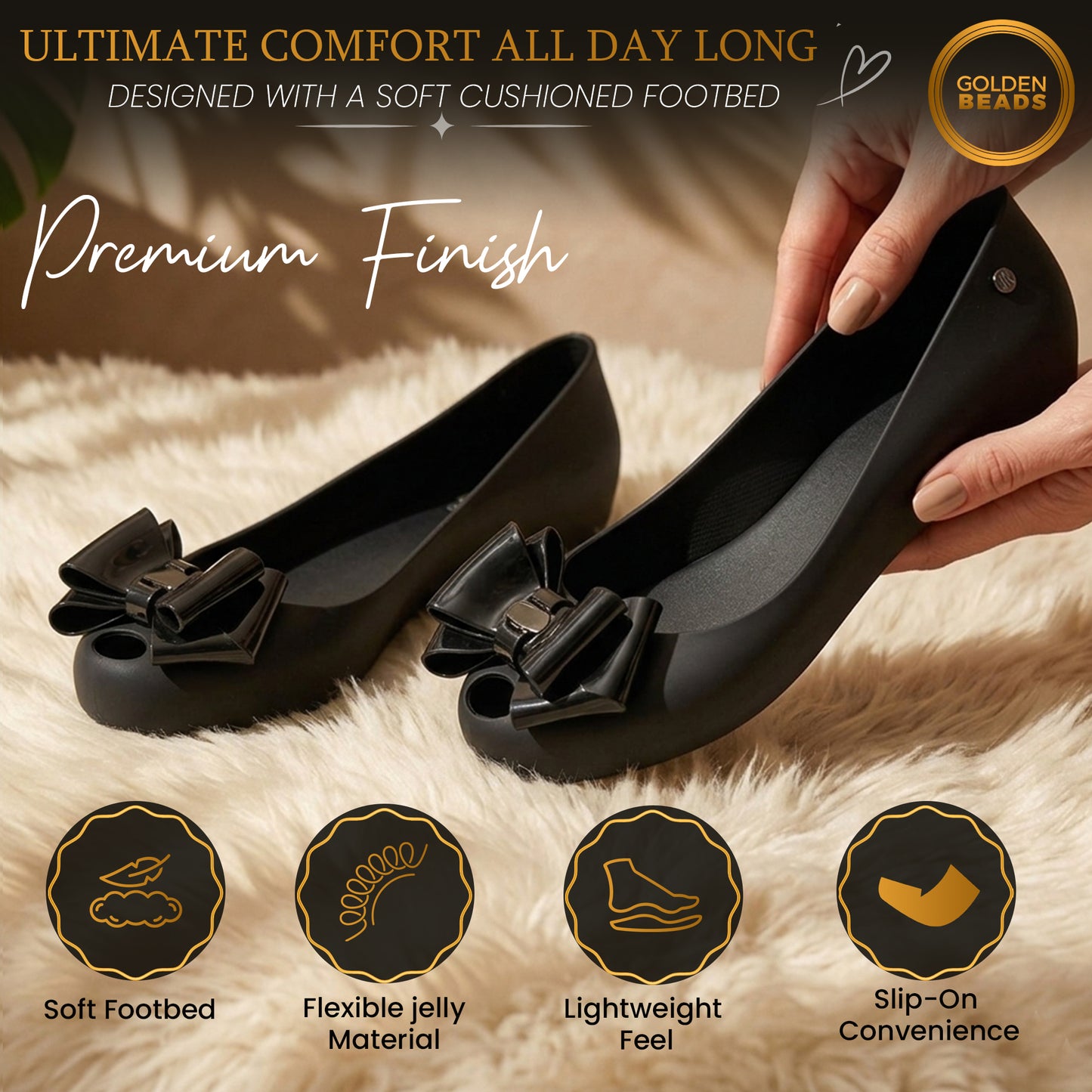 Women's Black Jelly Stylish Shoes Bow Comfortable Slip-On Ballerina Flats for Casual Outings, Summer Walks & Beachwear