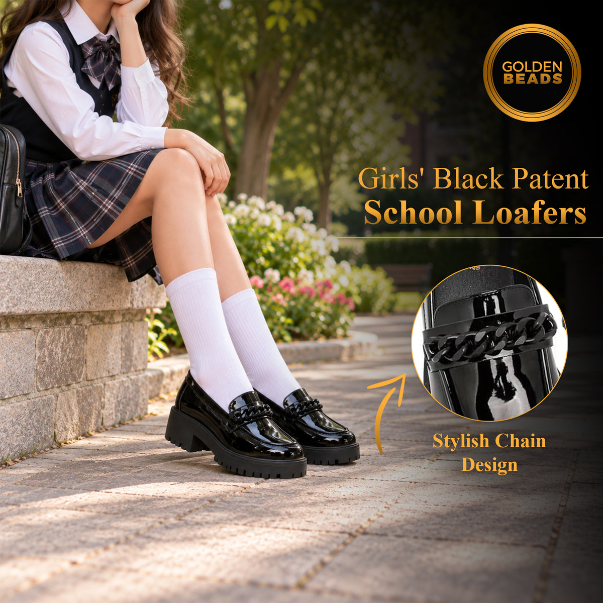 Premium Girls' Black Patent School Loafers – Comfy & Anti-Slip Uniform Shoes with Stylish Chain Detail for All-Day Wear