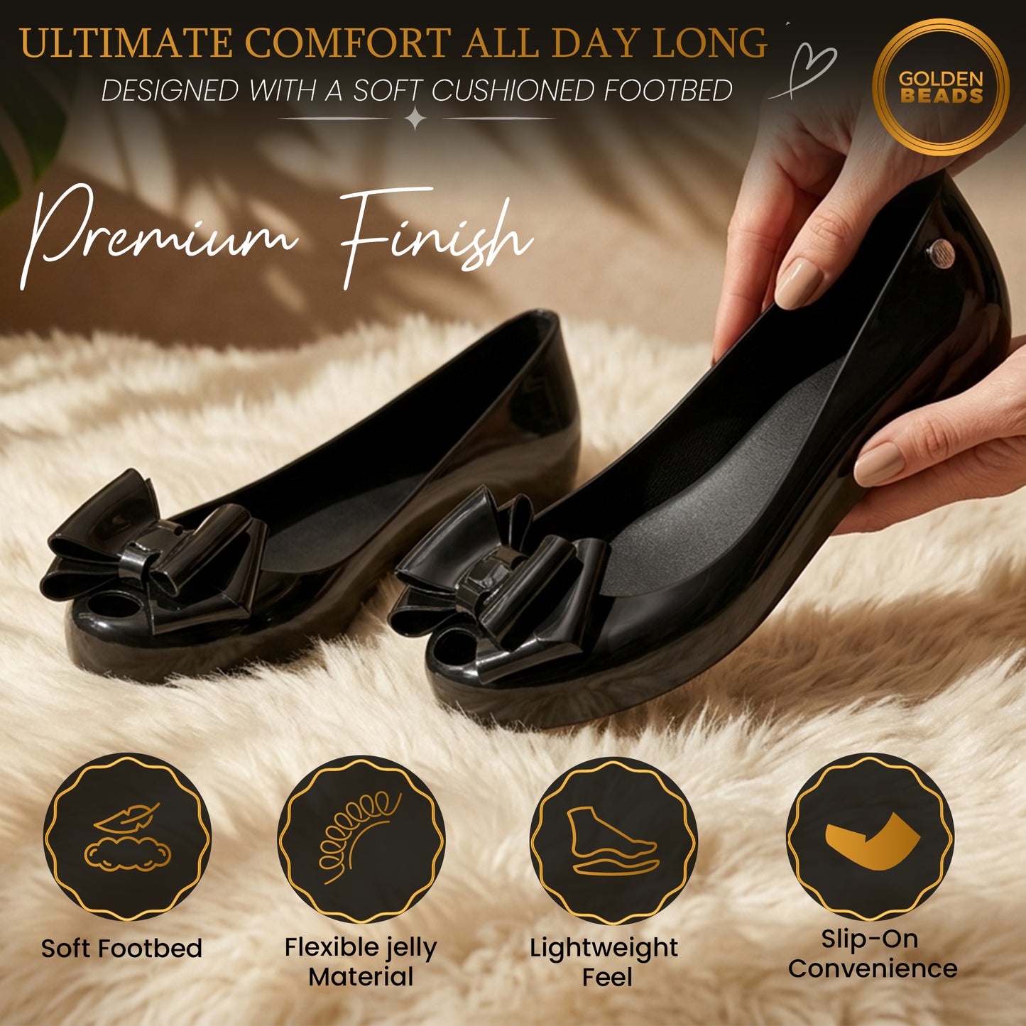 Women's Black Jelly Stylish Shoes Bow Comfortable Slip-On Ballerina Flats for Casual Outings, Summer Walks & Beachwear