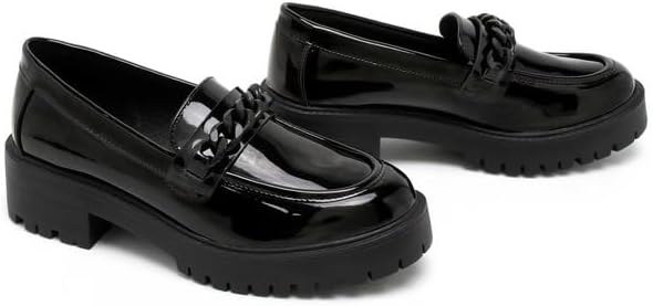Premium Girls' Black Patent School Loafers – Comfy & Anti-Slip Uniform Shoes with Stylish Chain Detail for All-Day Wear
