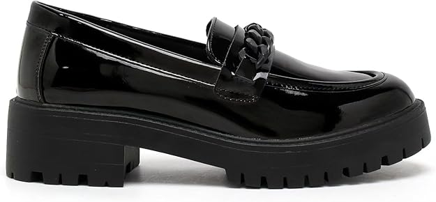 Premium Girls' Black Patent School Loafers – Comfy & Anti-Slip Uniform Shoes with Stylish Chain Detail for All-Day Wear