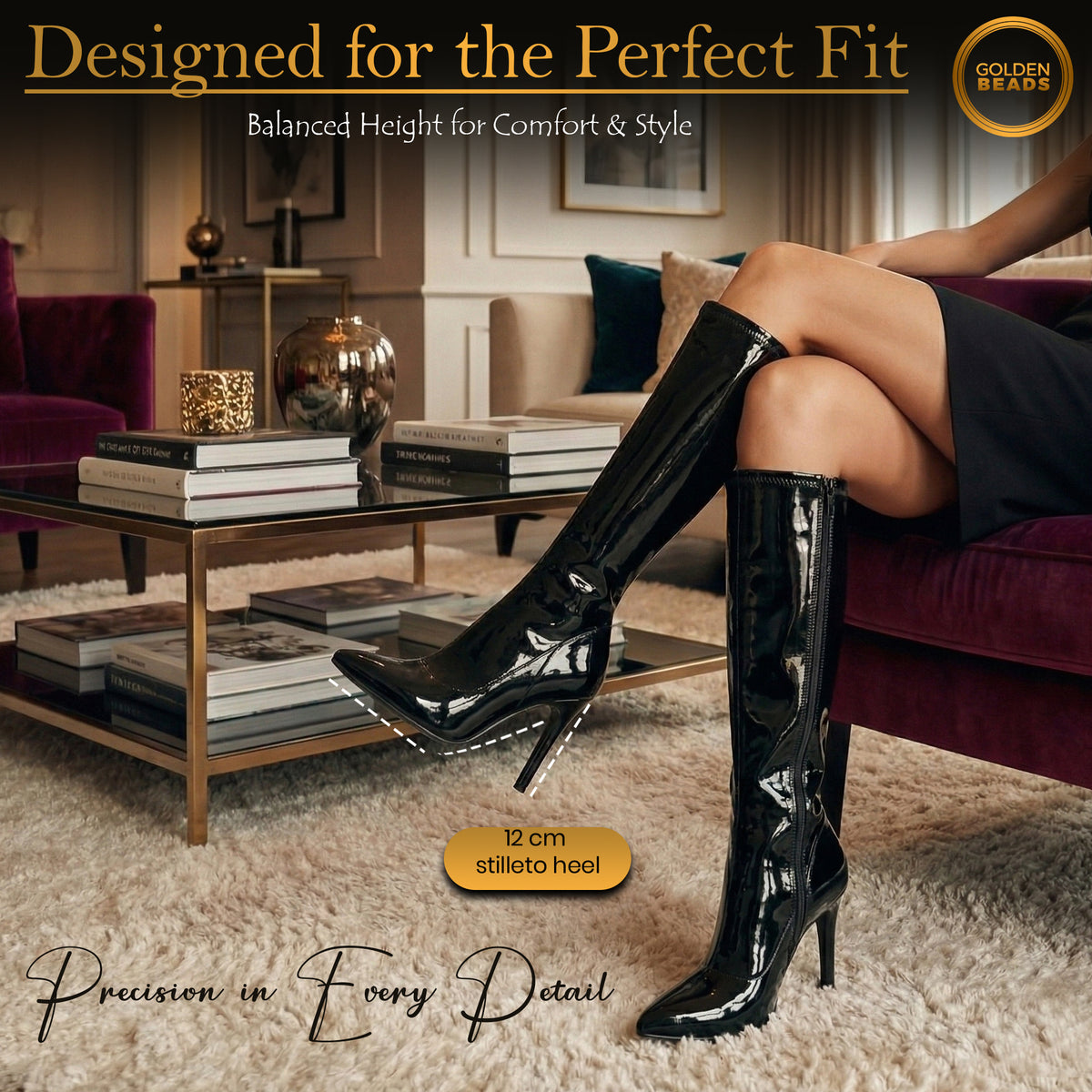 Golden Beads Women, laddies Knee high stretch Kinky Stiletto Heel boots with side zip and pointed toe for sexy look