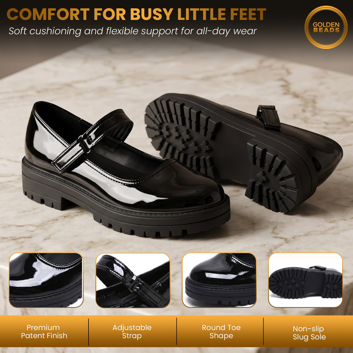 Girls' Black Patent Classic Mary Jane School Shoes Comfy, Non-Slip Uniform Shoes Round Toe with Adjustable Ankle Strap
