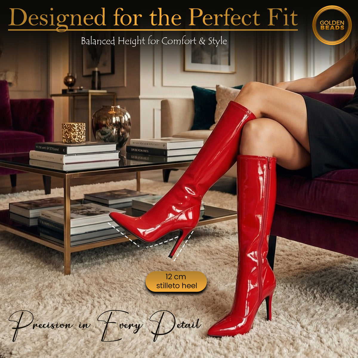 Golden Beads Women, laddies Knee high stretch Kinky Stiletto Heel boots with side zip and pointed toe for sexy look