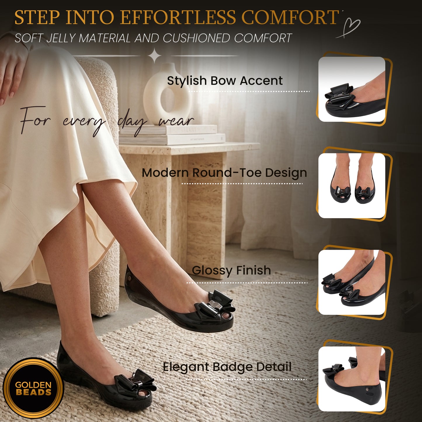 Women's Black Jelly Stylish Shoes Bow Comfortable Slip-On Ballerina Flats for Casual Outings, Summer Walks & Beachwear