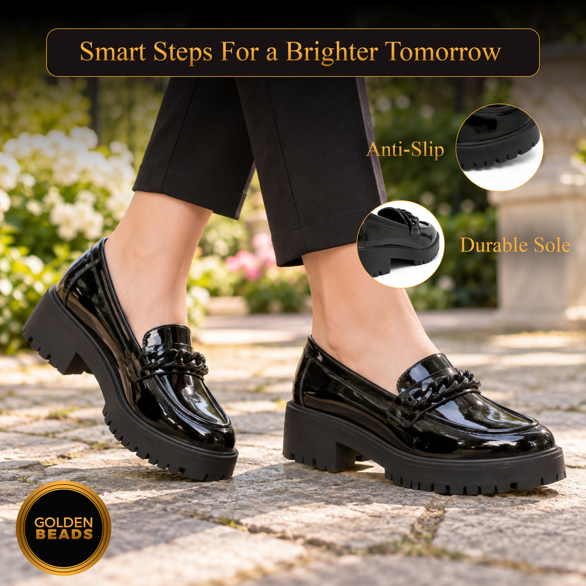 Premium Girls' Black Patent School Loafers – Comfy & Anti-Slip Uniform Shoes with Stylish Chain Detail for All-Day Wear