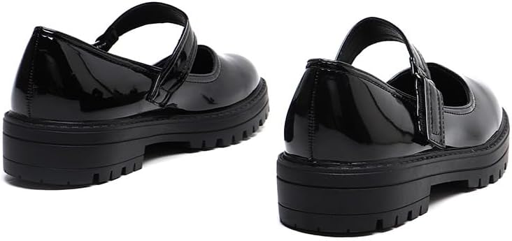 Girls' Black Patent Classic Mary Jane School Shoes Comfy, Non-Slip Uniform Shoes Round Toe with Adjustable Ankle Strap
