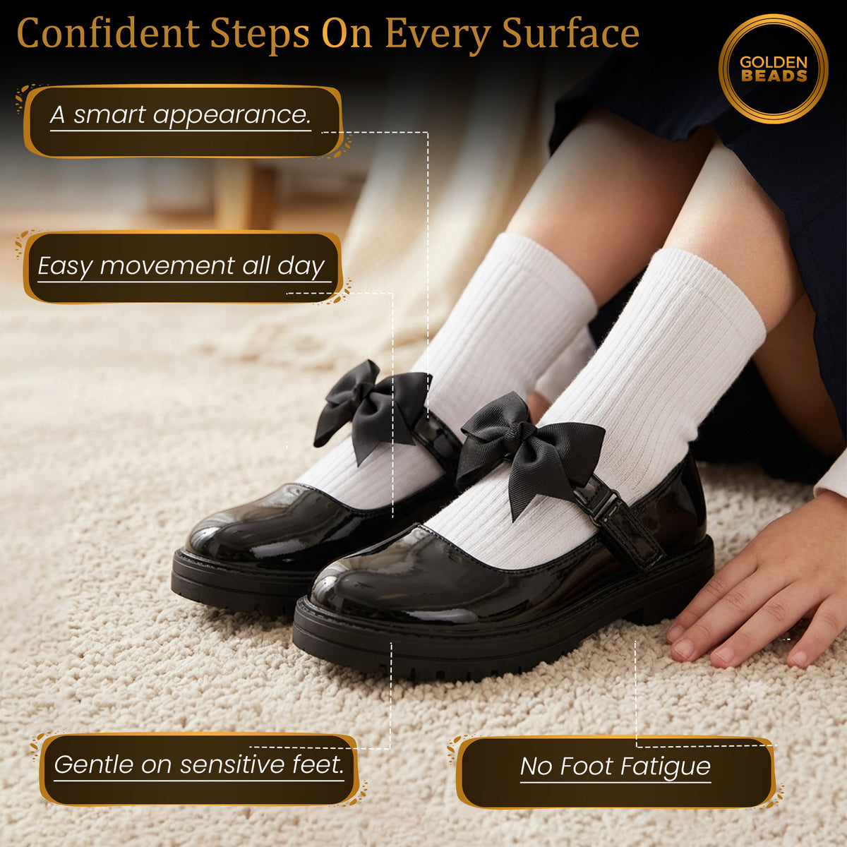 Girls Black Patent Mary Jane School Shoes Toddler & Kids Uniform Flats with Detachable Bow, Comfortable & Anti-Slip Shoes