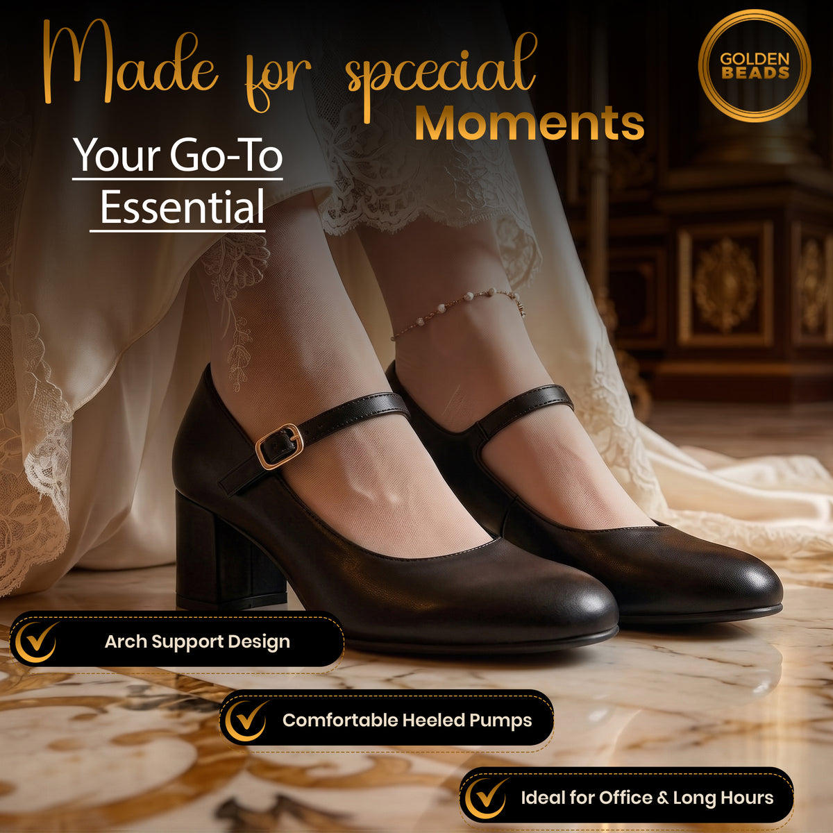 Women’s Elegant Signature Mary Jane Low Mid-Block Heels Pumps Cushioned Comfort Ankle Strap Court Shoes Wide & Extra Wide Fit