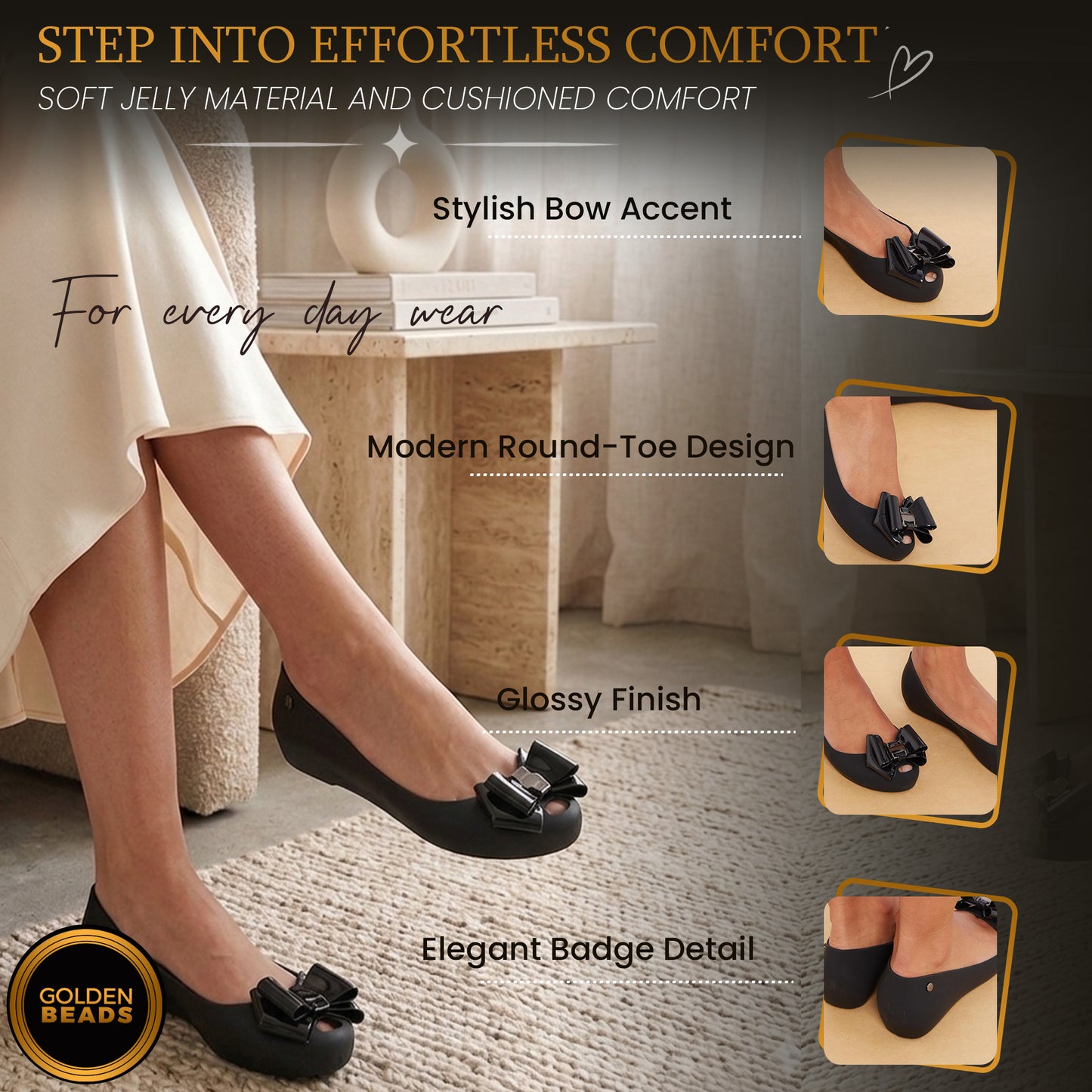 Women's Black Jelly Stylish Shoes Bow Comfortable Slip-On Ballerina Flats for Casual Outings, Summer Walks & Beachwear
