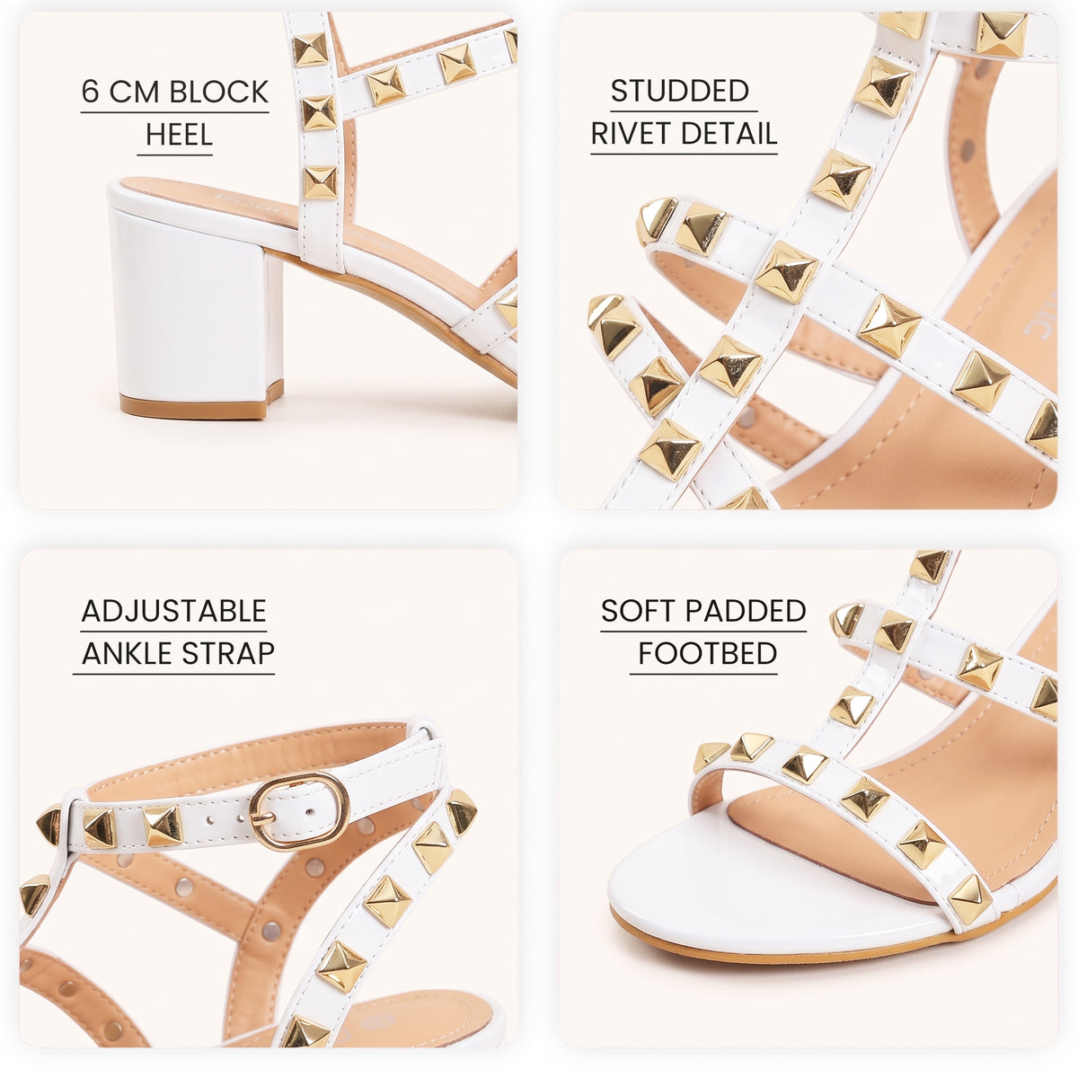 Womens ladies studded ankle strap rivet gladiators block mid heels point sandals