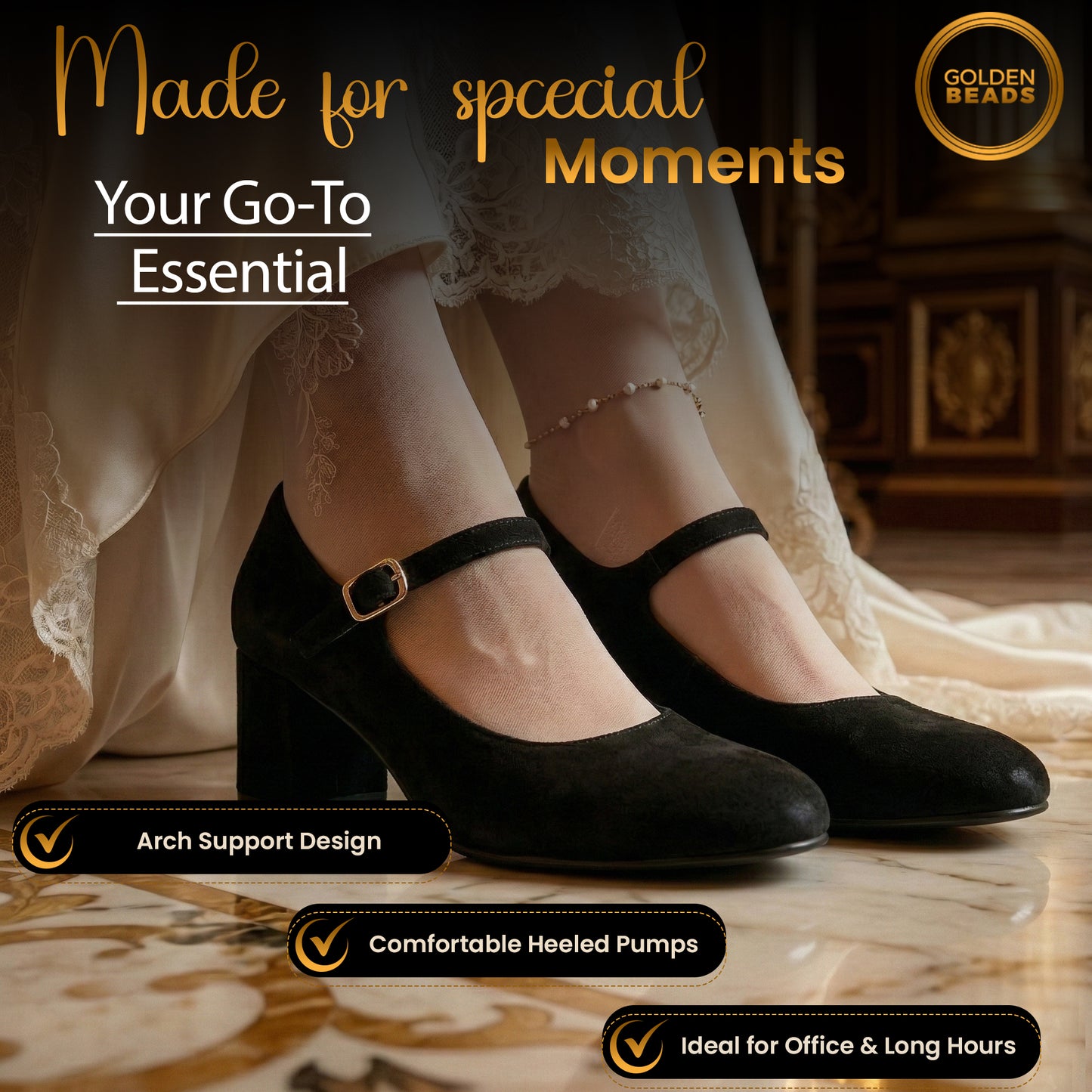 Women’s Elegant Signature Mary Jane Low Mid-Block Heels Pumps Cushioned Comfort Ankle Strap Court Shoes Wide & Extra Wide Fit