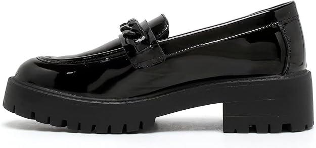 Premium Girls' Black Patent School Loafers – Comfy & Anti-Slip Uniform Shoes with Stylish Chain Detail for All-Day Wear