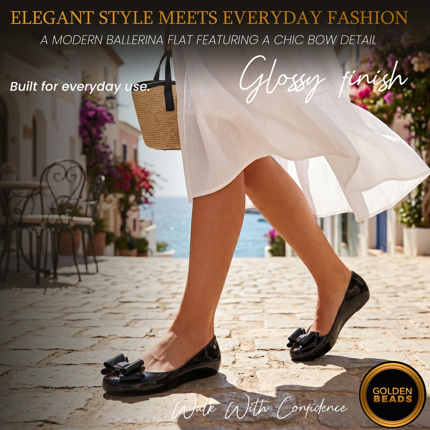 Women's Black Jelly Stylish Shoes Bow Comfortable Slip-On Ballerina Flats for Casual Outings, Summer Walks & Beachwear