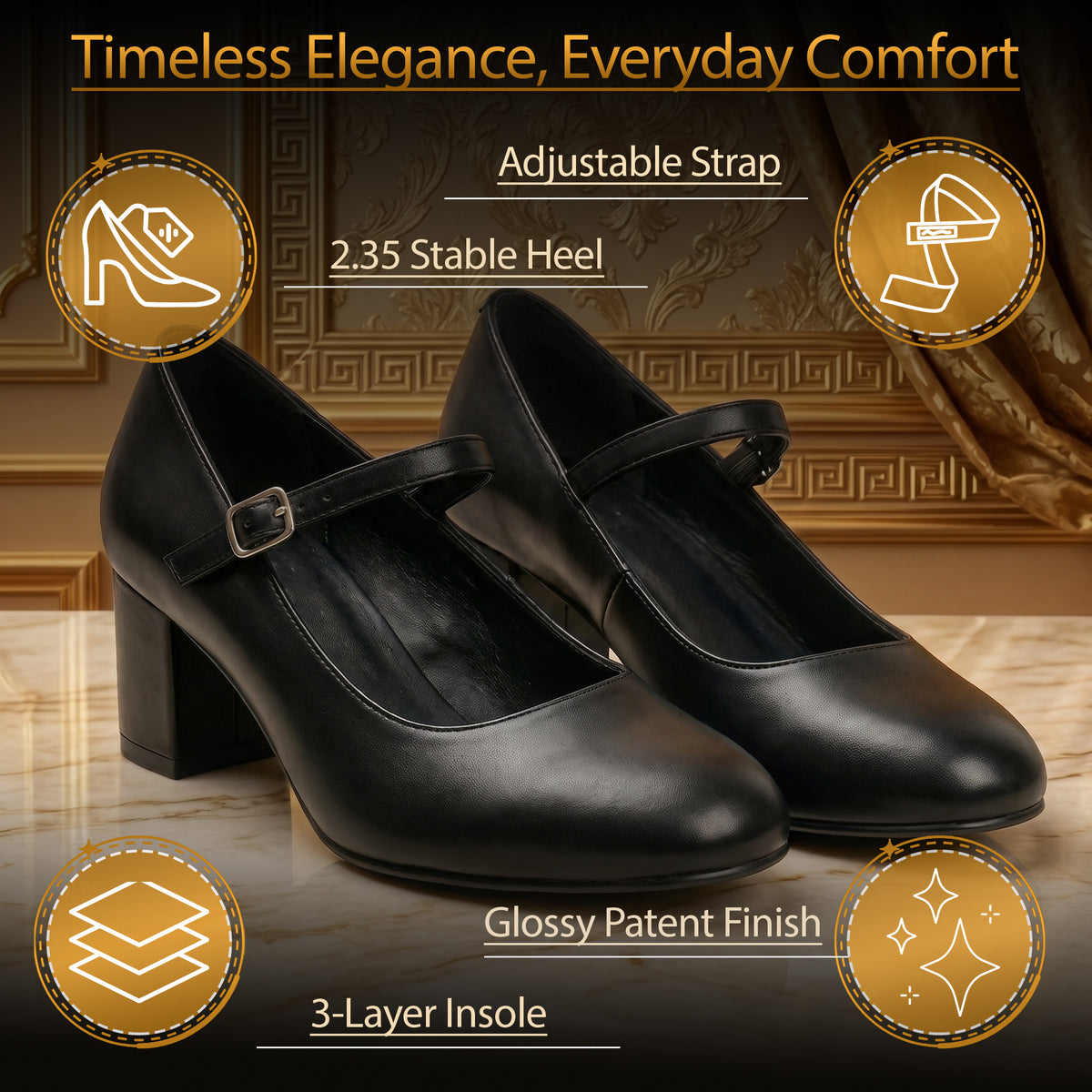 Women’s Elegant Signature Mary Jane Low Mid-Block Heels Pumps Cushioned Comfort Ankle Strap Court Shoes Wide & Extra Wide Fit