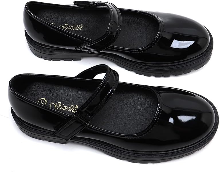 Girls' Black Patent Classic Mary Jane School Shoes Comfy, Non-Slip Uniform Shoes Round Toe with Adjustable Ankle Strap