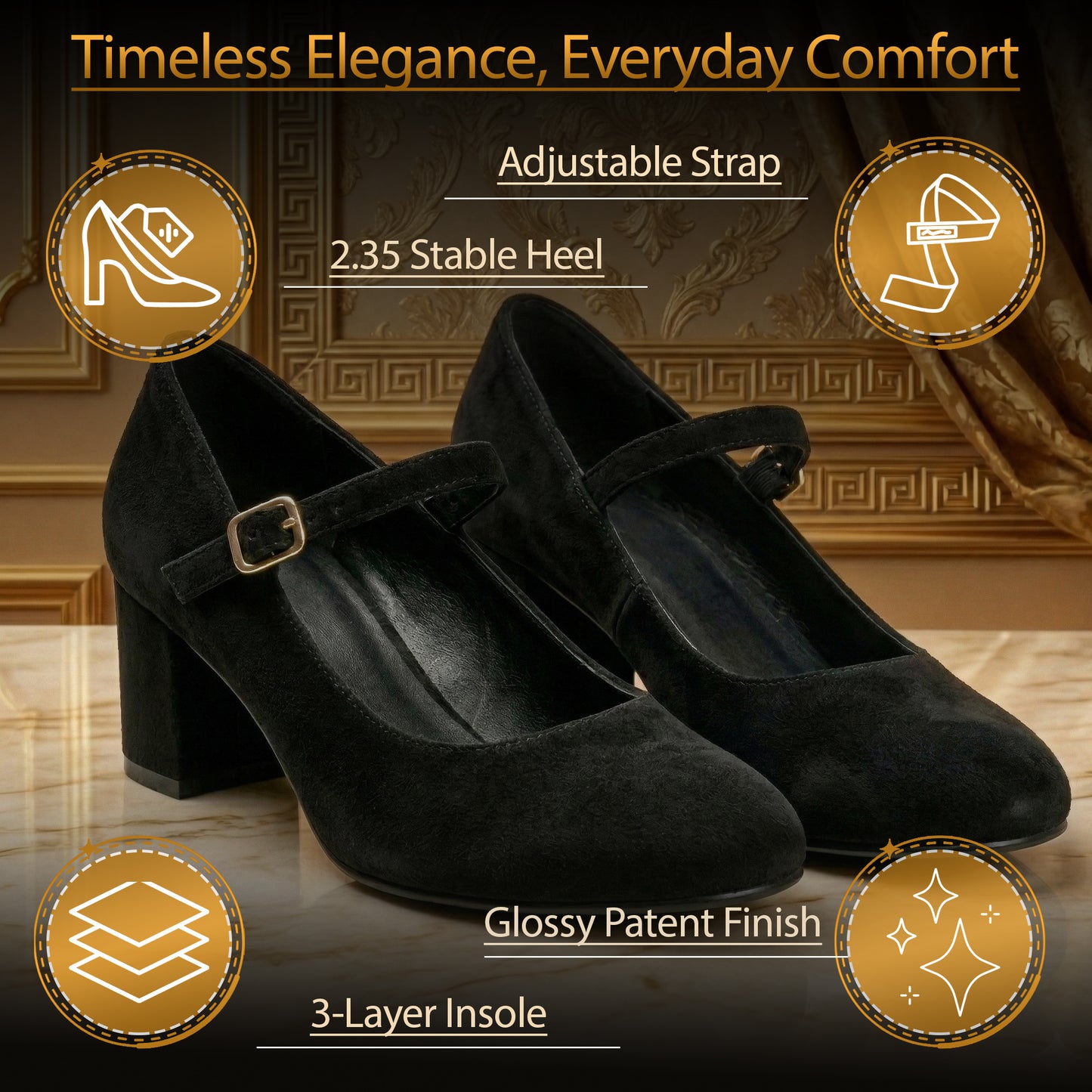 Women’s Elegant Signature Mary Jane Low Mid-Block Heels Pumps Cushioned Comfort Ankle Strap Court Shoes Wide & Extra Wide Fit