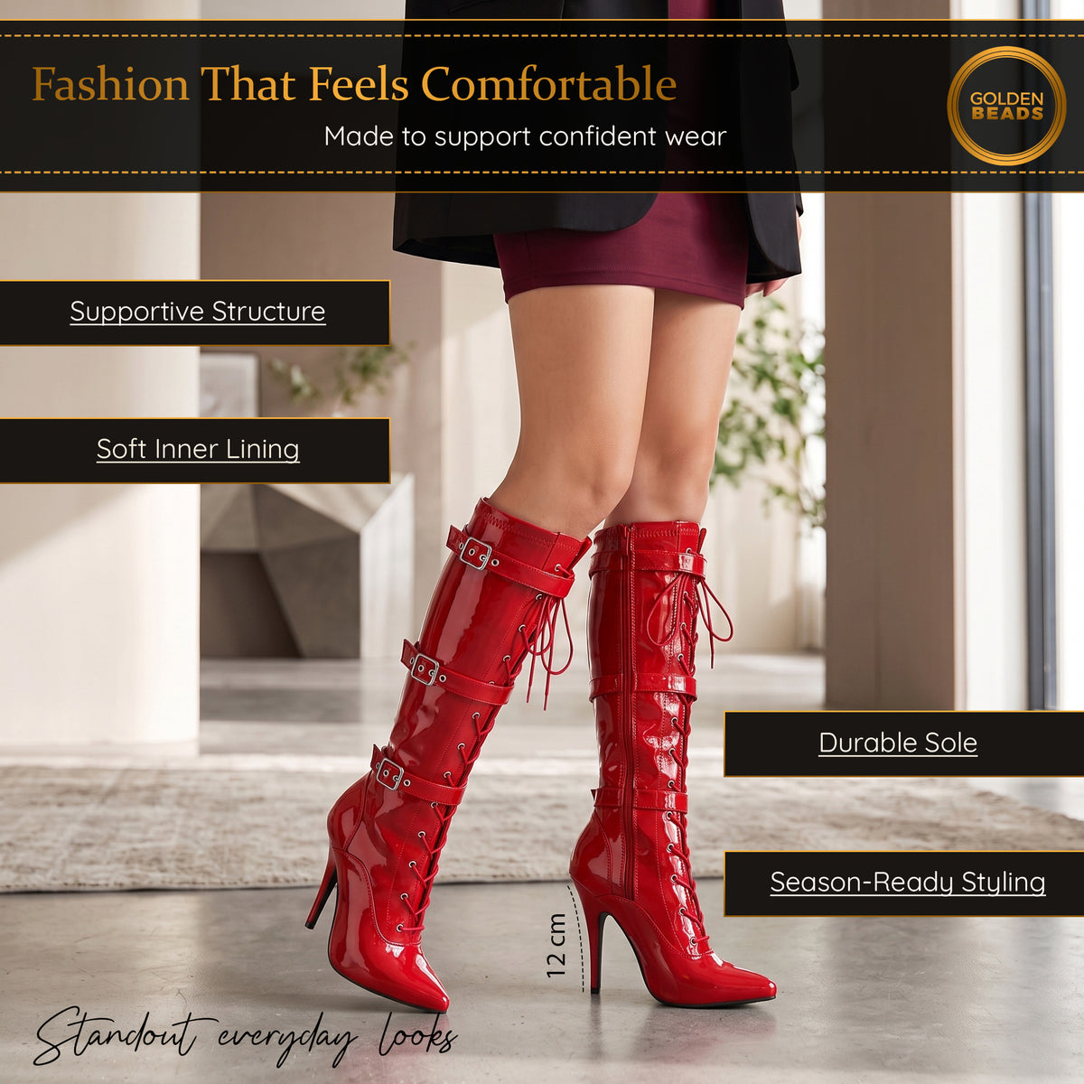 Women's High Heel Knee High Boots Lace Up Stiletto with 3 Buckles & Side Zip Edgy Punk Gothic Style Sexy Footwear UK 3-12