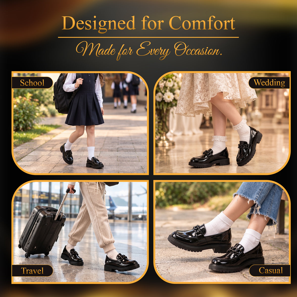 Premium Girls' Black Patent School Loafers – Comfy & Anti-Slip Uniform Shoes with Stylish Chain Detail for All-Day Wear
