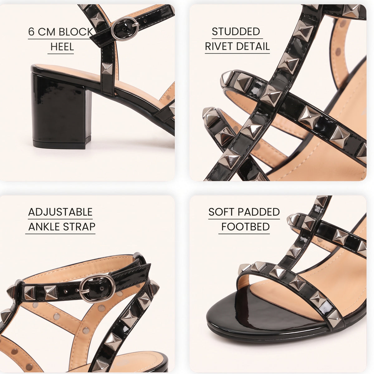 Womens ladies studded ankle strap rivet gladiators block mid heels point sandals