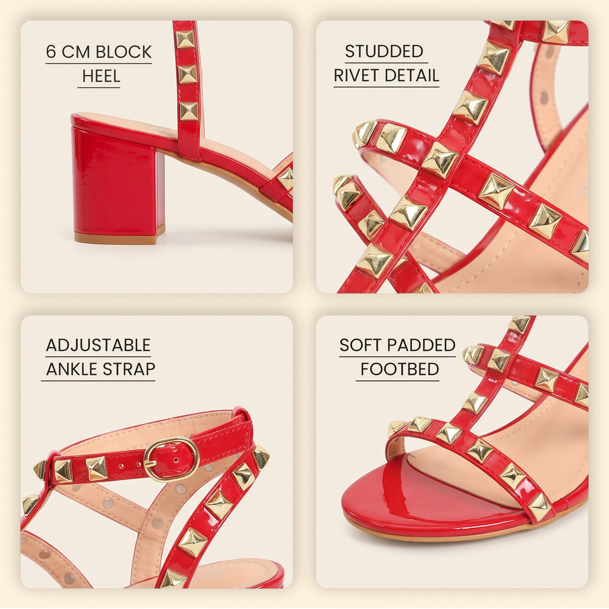 Womens ladies studded ankle strap rivet gladiators block mid heels point sandals