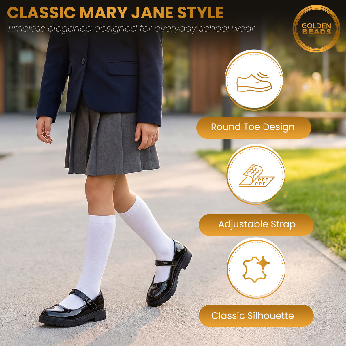 Girls' Black Patent Classic Mary Jane School Shoes Comfy, Non-Slip Uniform Shoes Round Toe with Adjustable Ankle Strap