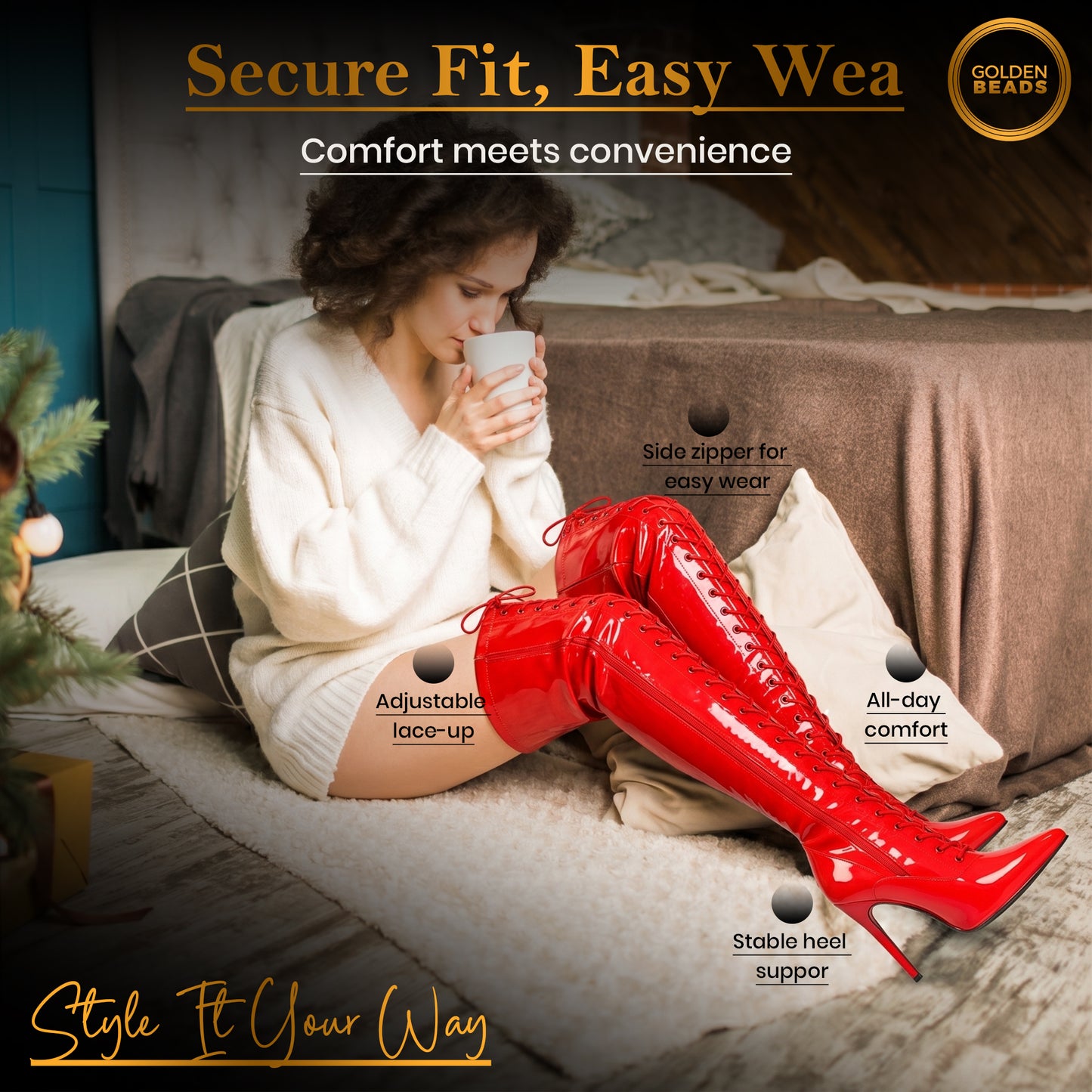 Women ladies boots thigh high heel over the knee boots front Lace-up with side zip