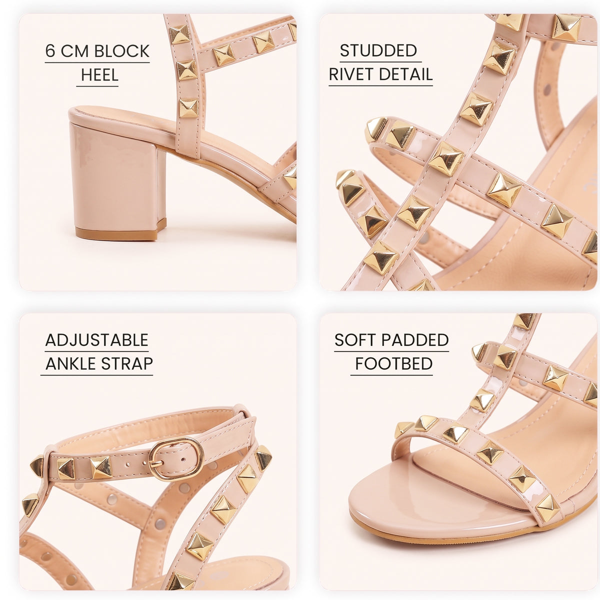 Womens ladies studded ankle strap rivet gladiators block mid heels point sandals