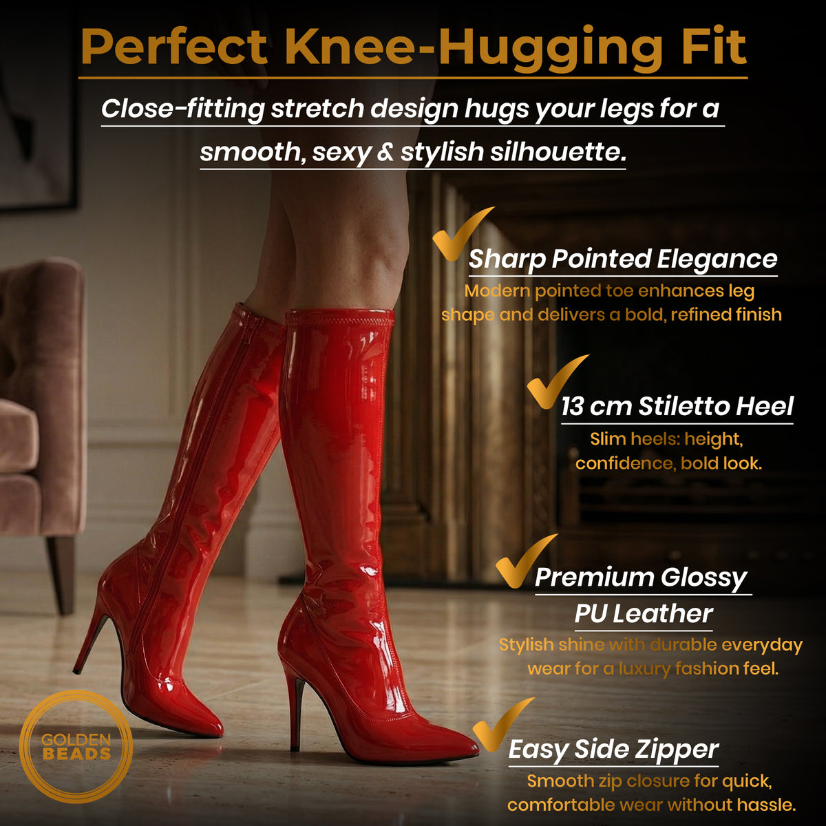 Golden Beads Women, laddies Knee high stretch Kinky Stiletto Heel boots with side zip and pointed toe for sexy look