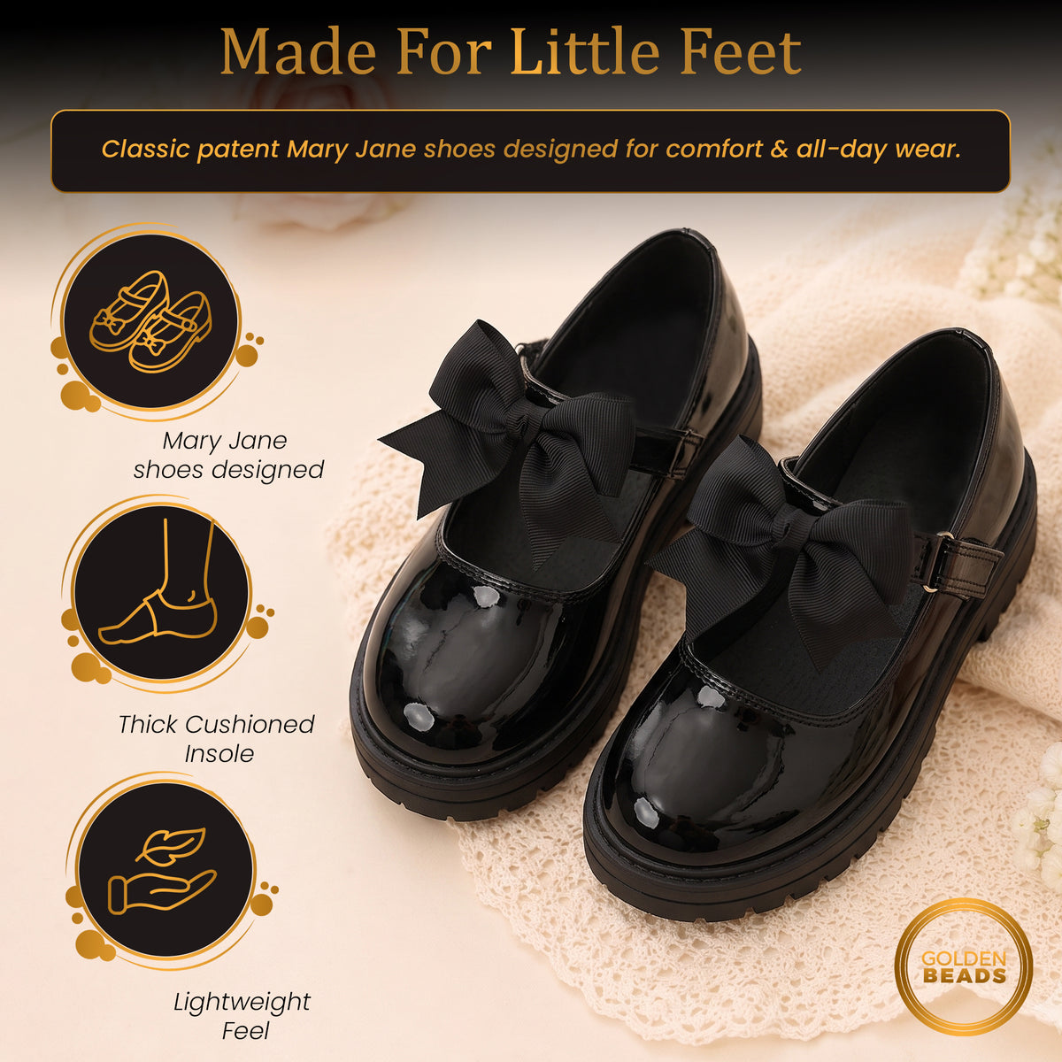 Girls Black Patent Mary Jane School Shoes Toddler & Kids Uniform Flats with Detachable Bow, Comfortable & Anti-Slip Shoes