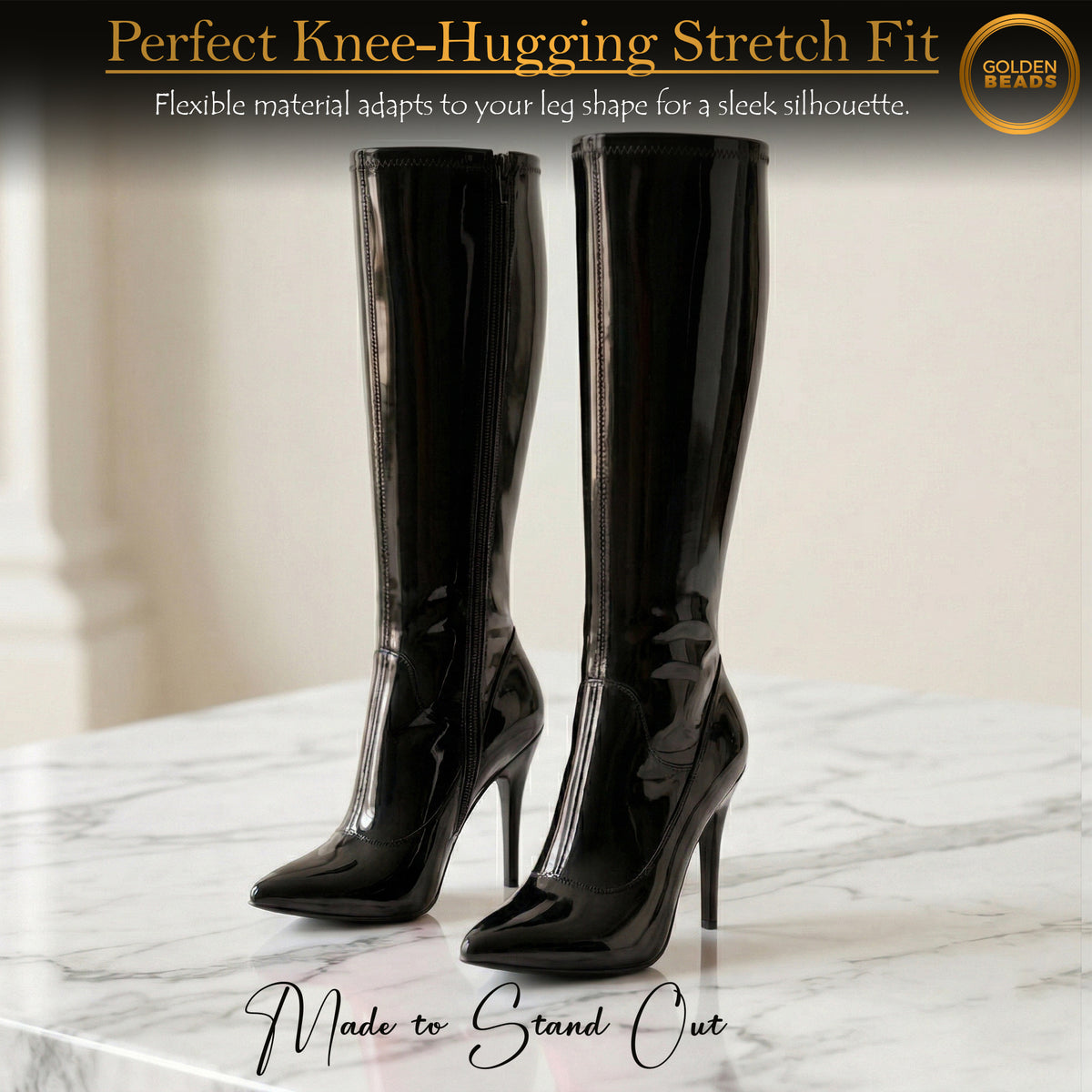 Golden Beads Women, laddies Knee high stretch Kinky Stiletto Heel boots with side zip and pointed toe for sexy look