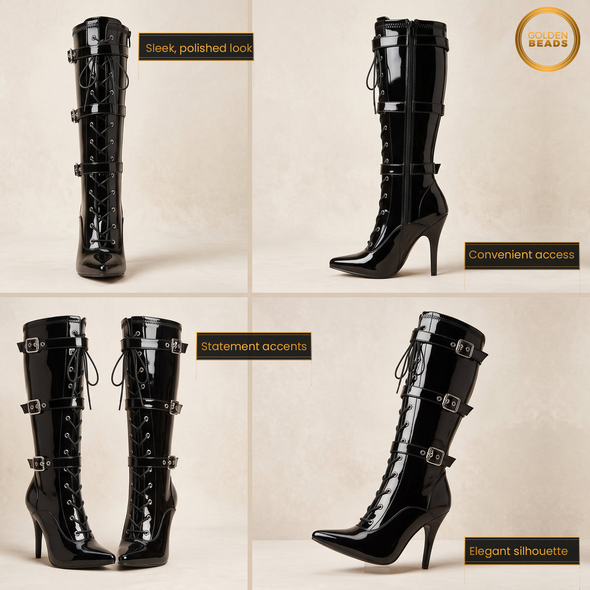 Women's High Heel Knee High Boots Lace Up Stiletto with 3 Buckles & Side Zip Edgy Punk Gothic Style Sexy Footwear UK 3-12