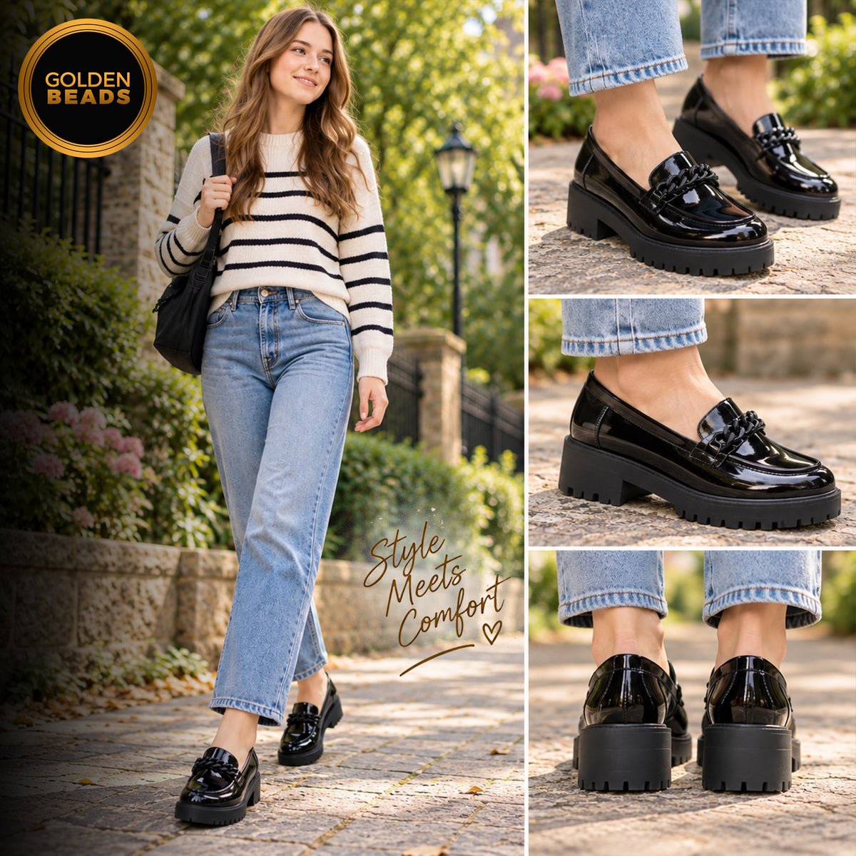 Premium Girls' Black Patent School Loafers – Comfy & Anti-Slip Uniform Shoes with Stylish Chain Detail for All-Day Wear