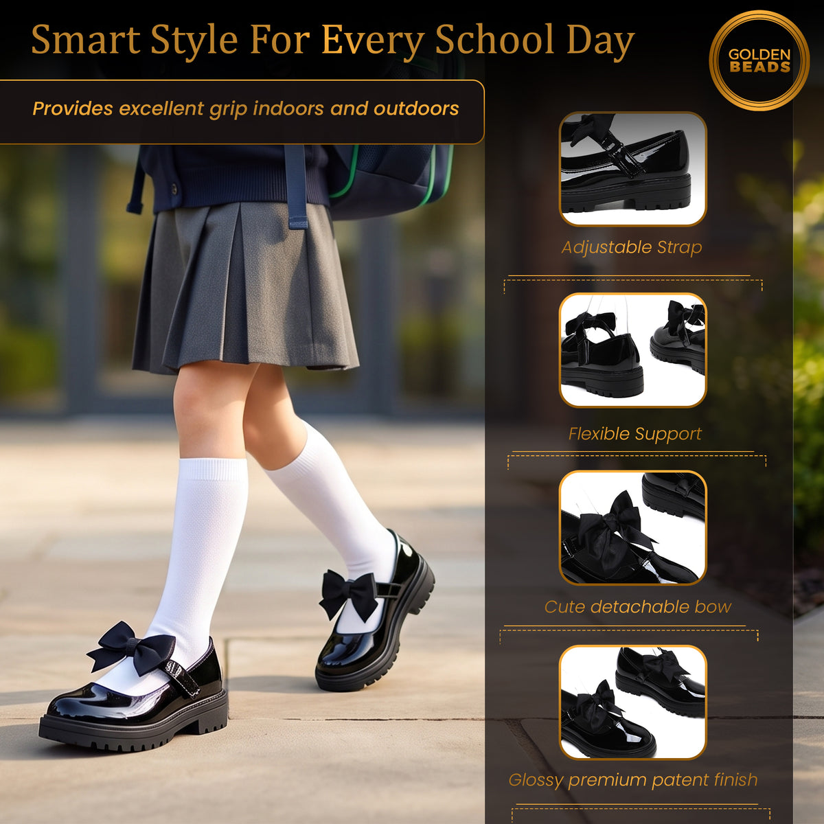 Girls Black Patent Mary Jane School Shoes Toddler & Kids Uniform Flats with Detachable Bow, Comfortable & Anti-Slip Shoes