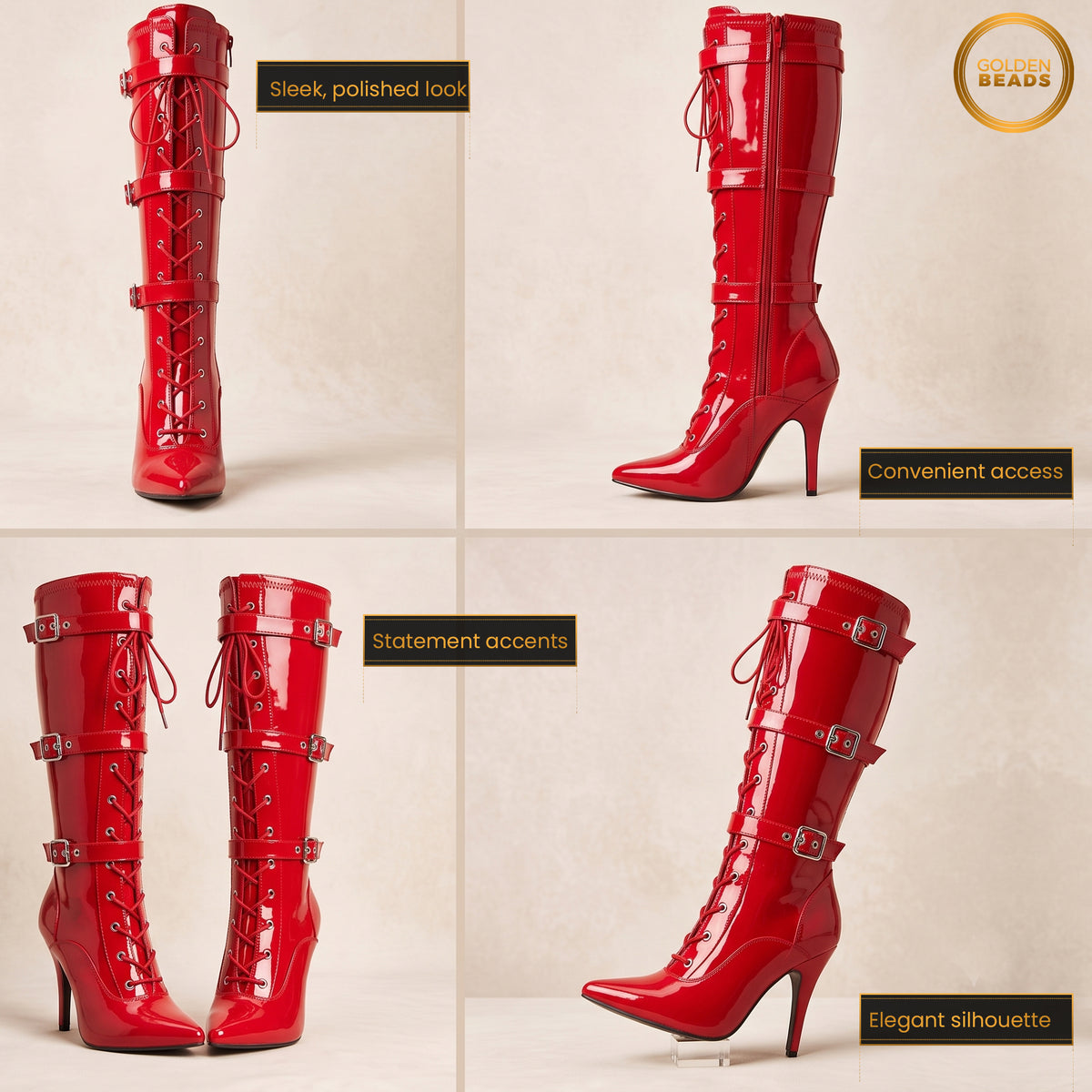 Women's High Heel Knee High Boots Lace Up Stiletto with 3 Buckles & Side Zip Edgy Punk Gothic Style Sexy Footwear UK 3-12